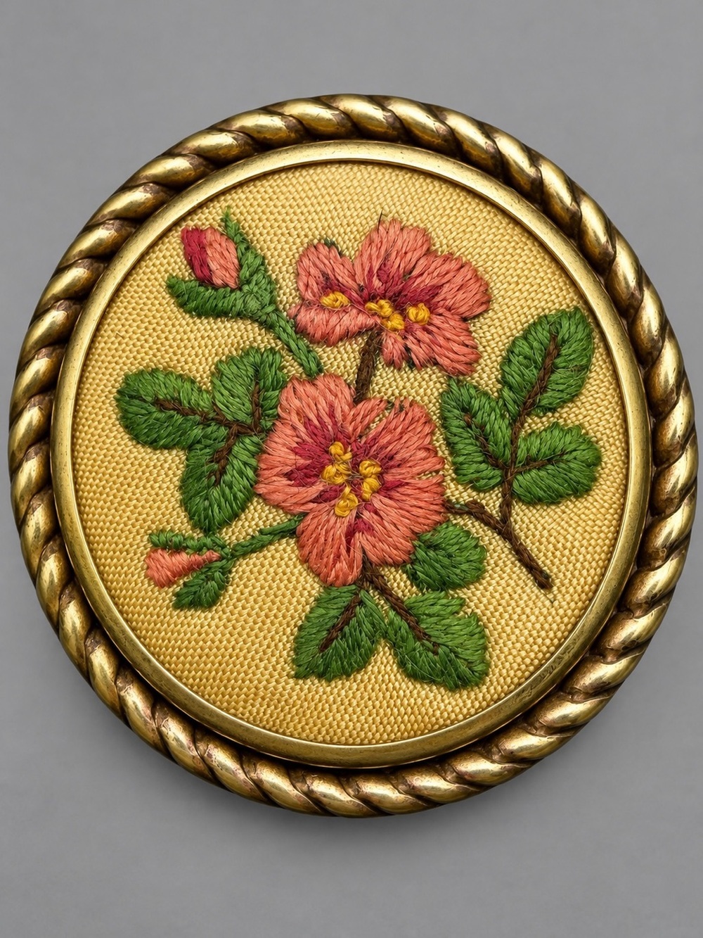 Vintage Embroidered Floral brooch in Gold and Pink #cz213